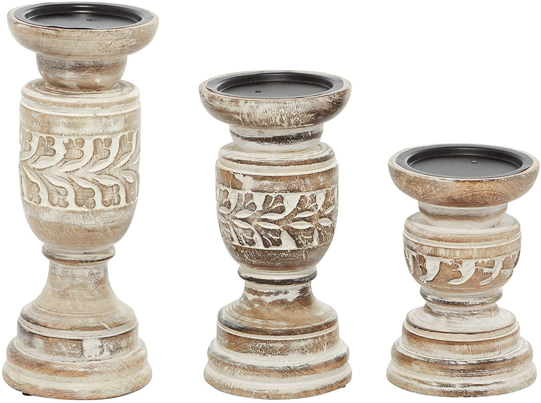 Weathered Beige Wooden Candle Holder Set 3 6" 8" 10" 4 X 10 Cream Wood - Diamond Home USA