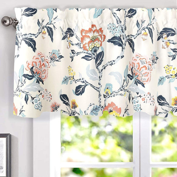 Botanical Lined Window Curtain Valance Blue Grey Floral Mid Century Modern Contemporary 100% Polyester