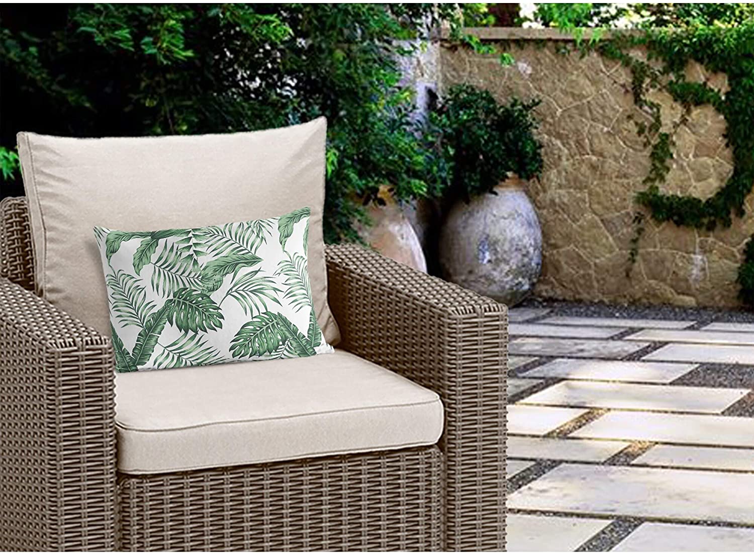MISC Green Tropical Leaves Indoor|Outdoor Lumbar Pillow 20x14 Green Floral Tropical Polyester Removable Cover