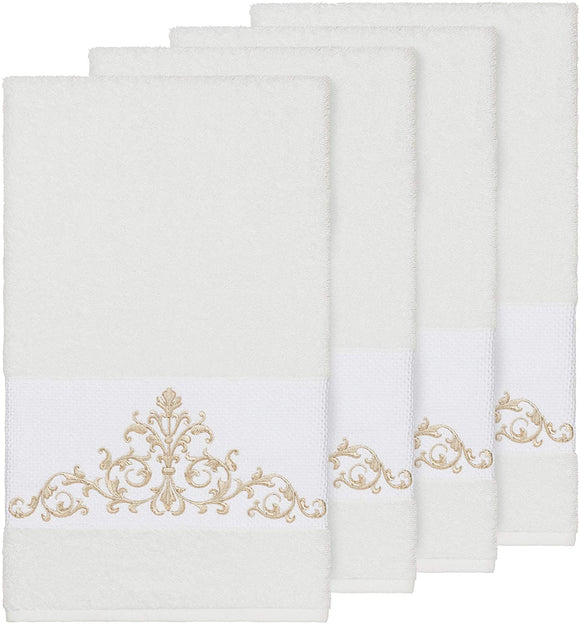 UKN White Turkish Cotton Scrollwork Embroidered Bath Towels (Set 4) Scroll