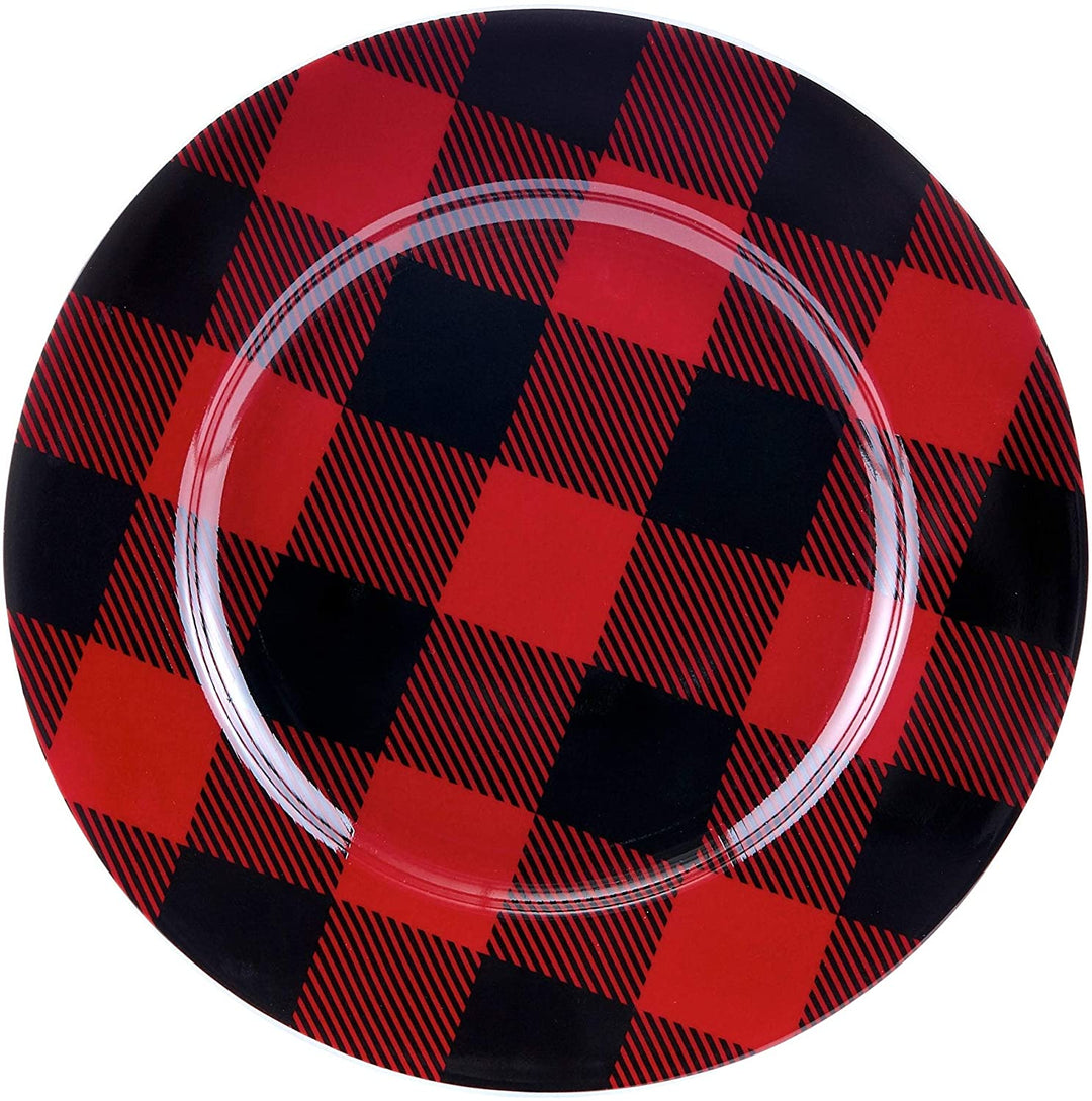 16pc Buffalo Plaid Red/Black 11" X 0'5" Red Stripe Modern Contemporary Round Porcelain 16 Piece - Diamond Home USA