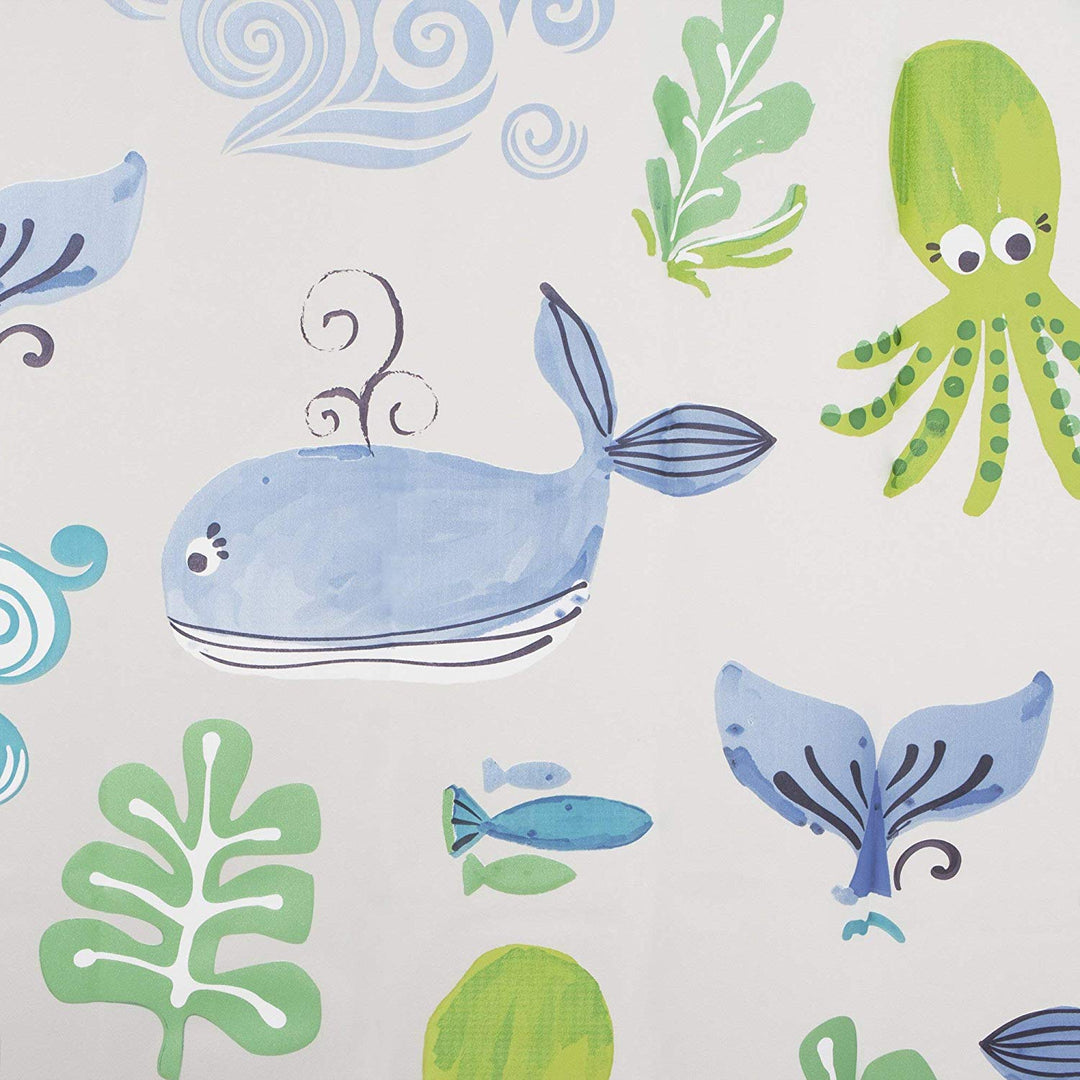 72 x 72 Blue Green Kids Sea Creature Shower Curtain Clear Background Cute Fun Whale Octopus Ocean Themed Bathroom Decor Childrens Graphic Adorable