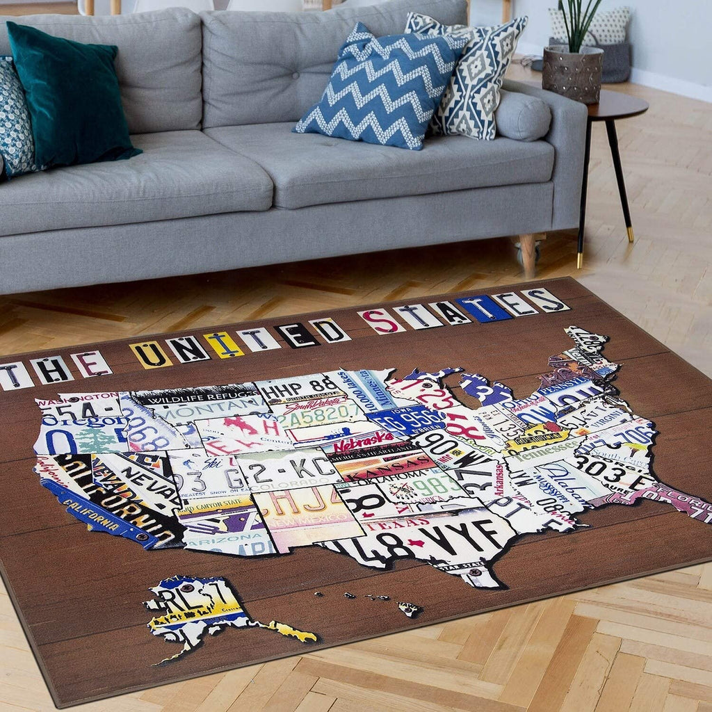 America United States License Plate Map Non Slip Indoor Outdoor Area Rug Carpet 5' X 7' Brown Graphic Farmhouse Rustic Vintage Rectangle Nylon Latex