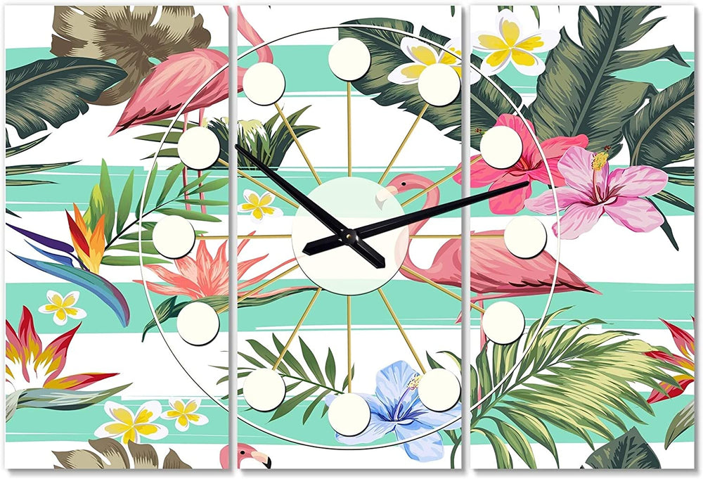 Tropical Botanicals Flowers Flamingo' Oversized Mid Century Wall Clock 3 Panels Blue Modern Contemporary Tropical Rectangular Steel Finish - Diamond Home USA