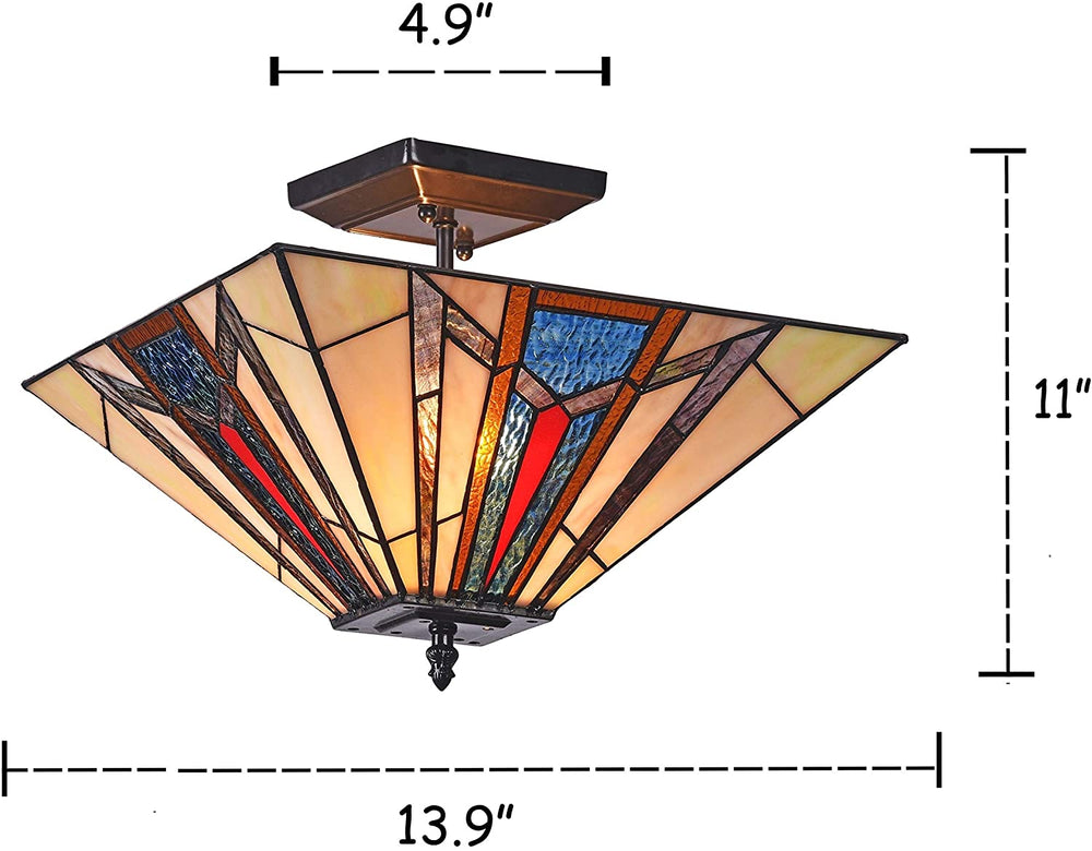 Tiffany 2 Light Blackish Bronze Semi Flush Mount Color Art Glass Metal Dimmable - Diamond Home USA