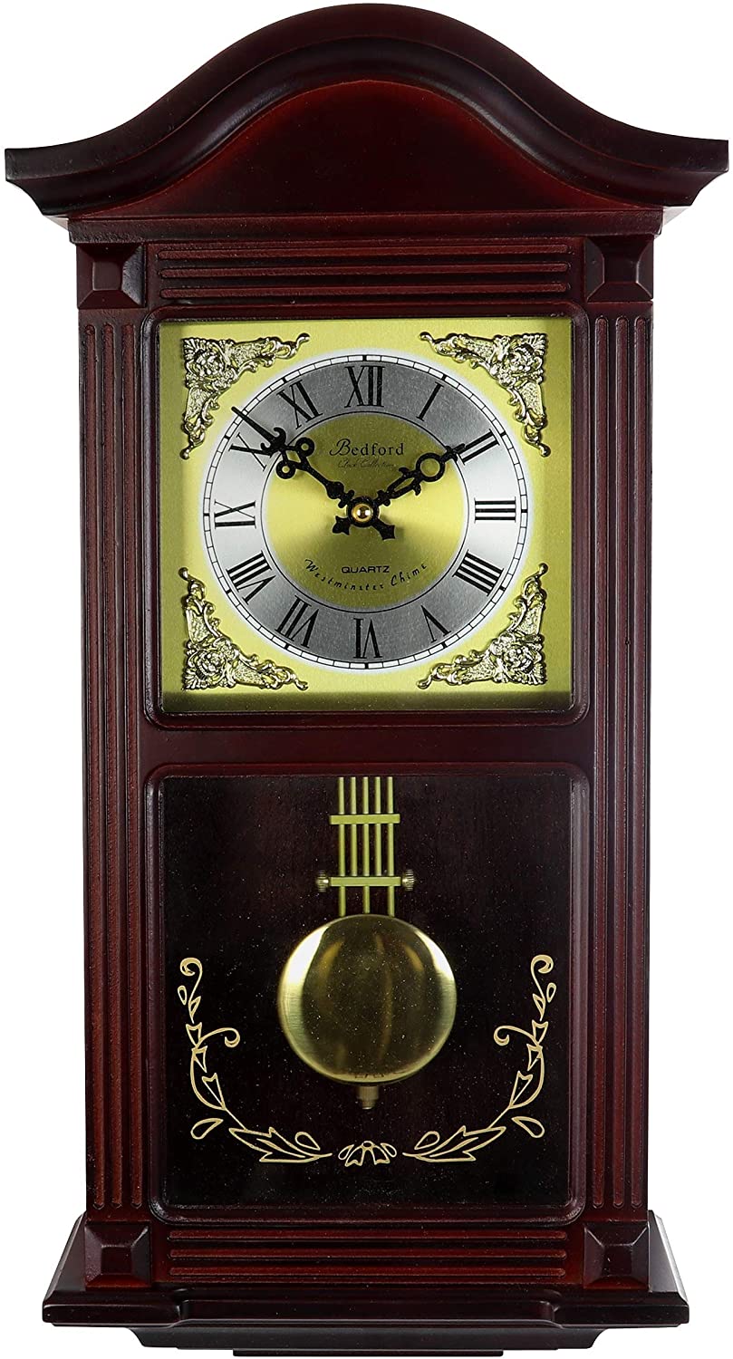 Decorative Wall Clock Pendulum Cherry Brown Rectangular Wood Finish - Diamond Home USA