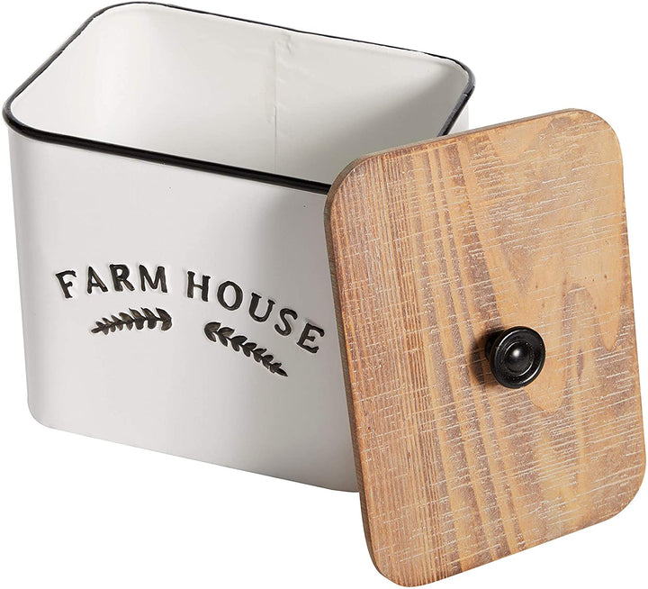 Square Black White Metal Containers Natural Wood Lid Set 3 11" 10" 8" 10 X 7 11 Farmhouse - Diamond Home USA