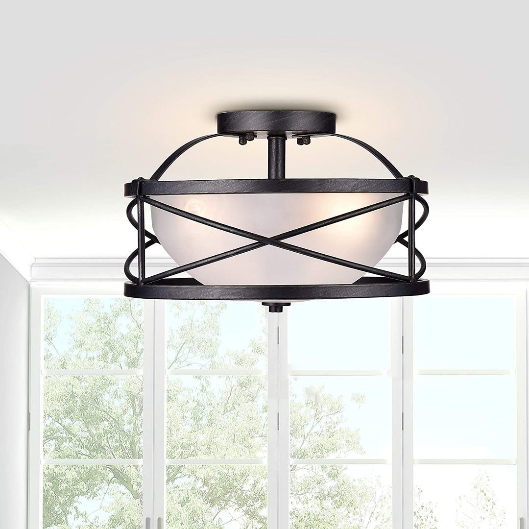 3 Light Antique Black Finish Opal Glass Shade Semi Flush