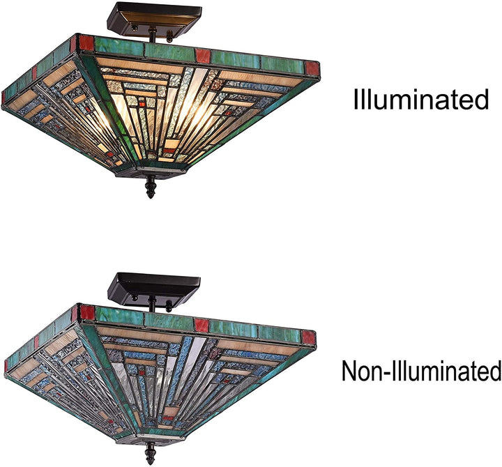 2 Light Mission Stained Glass Semi Flush Mount Color Mission Craftsman Tiffany Art Metal Dimmable