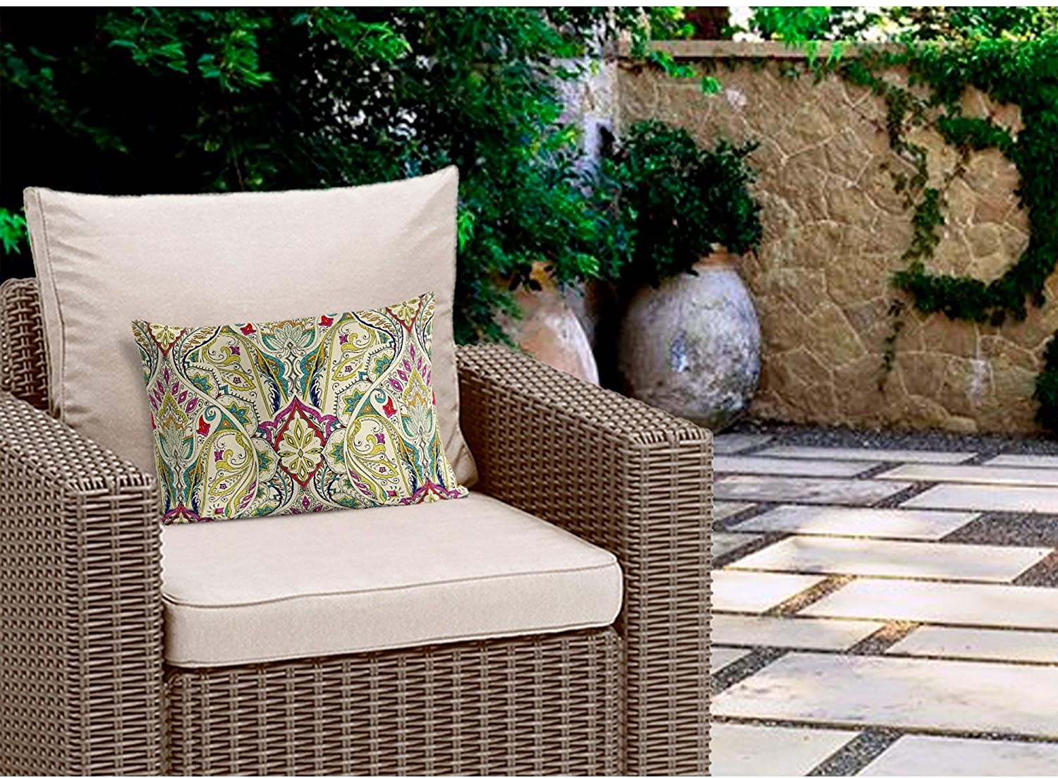 Ivory Indoor|Outdoor Lumbar Pillow 20x14 Tan Geometric Polyester Removable Cover