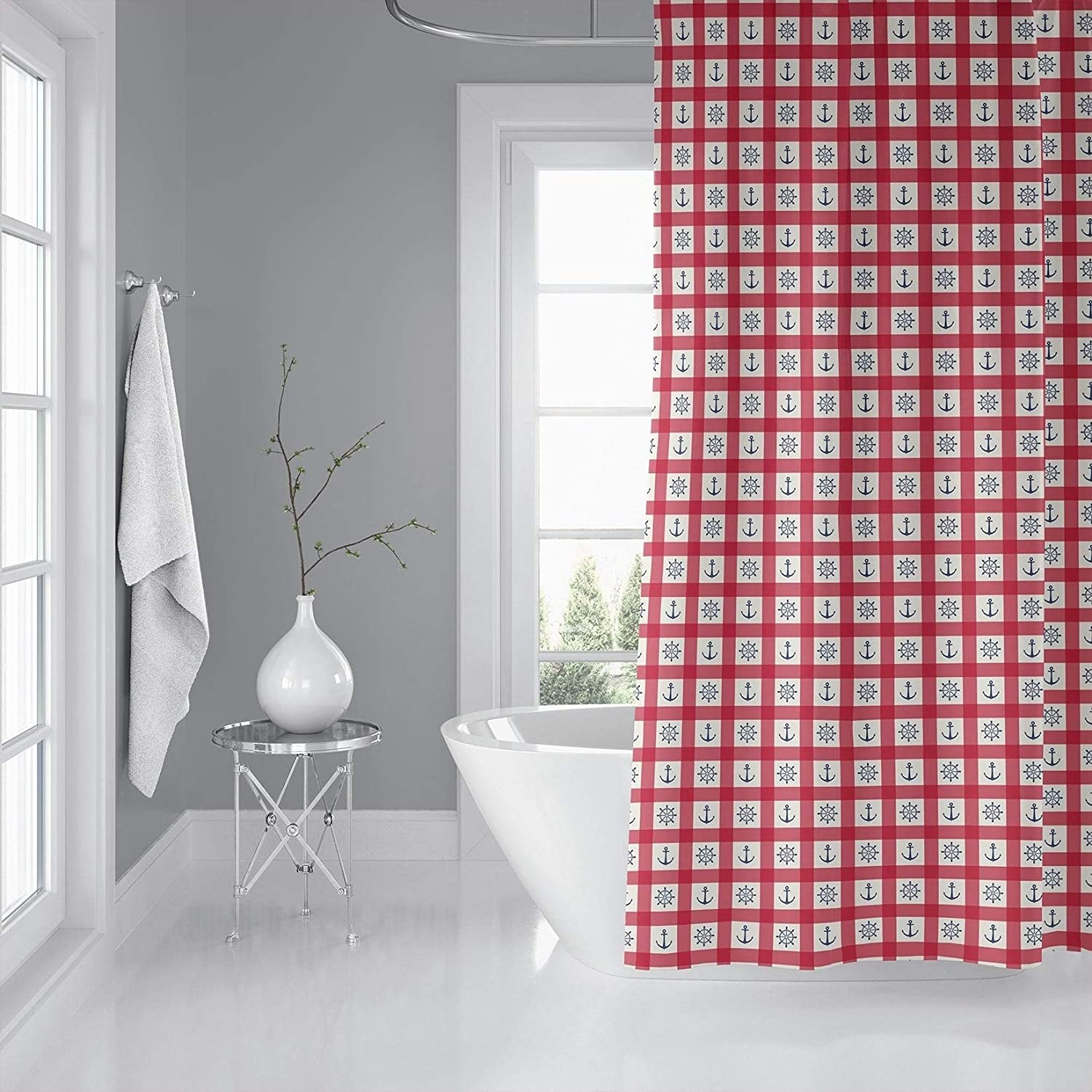 MISC Anchor Red Blue Shower Curtain by 71x74 Red Geometric Nautical Coastal Polyester