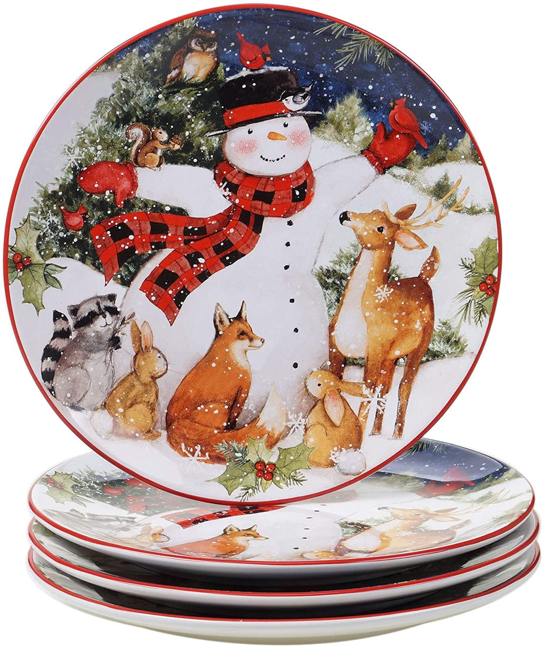 Magic Christmas Snowman 16 Piece Dinnerware Set Service 4 Green Color Red Animal Casual Modern Contemporary Round 16 Piece Dishwasher Safe Microwave - Diamond Home USA