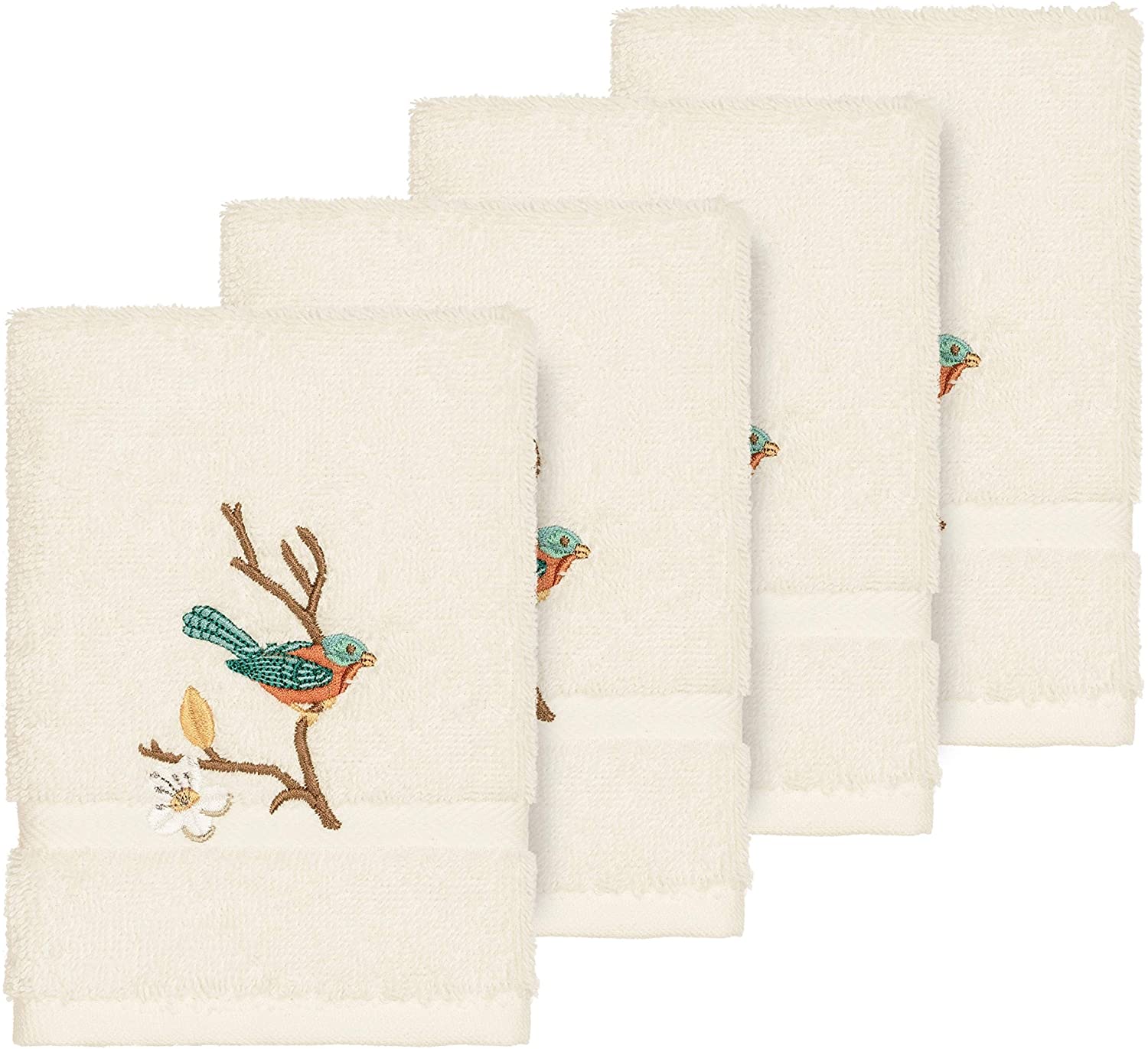 Turkish Cotton Blue Bird Embroidered Cream 4 Piece Washcloth Set Cream Cloth