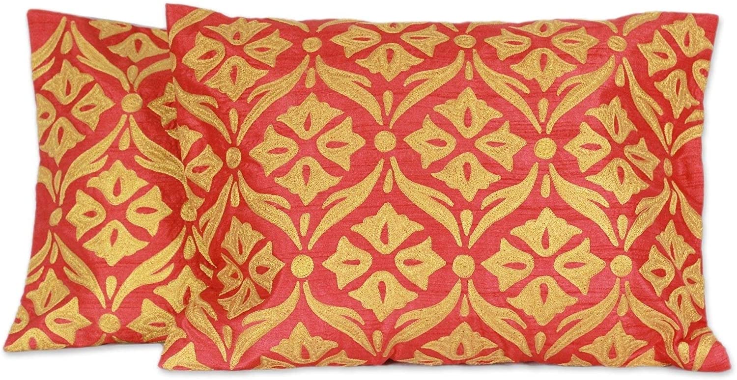 Handmade Golden Polyester Embroidered Cushion Covers Pair (India) Red Yellow Floral Modern Contemporary