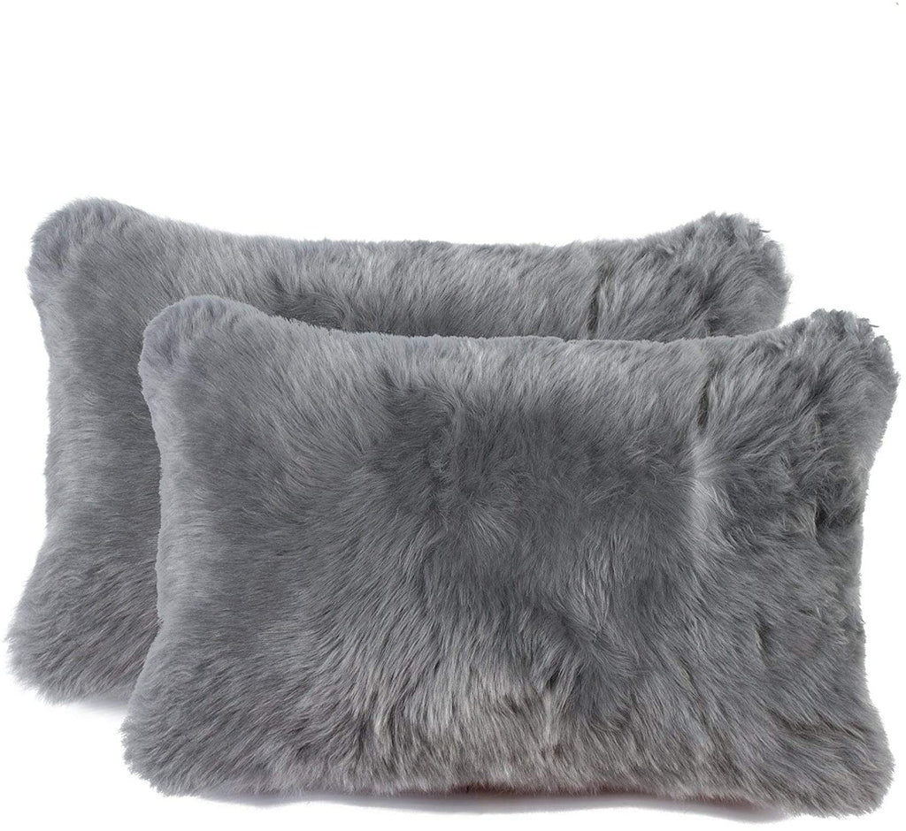 Unknown1 New Zealand Sheepskin Pillow 12x20 2 Pack Grey Solid Color Modern Contemporary Set 2