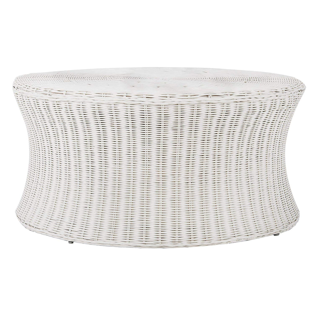 Round Wicker Ottoman White Large Rattan Coffee Table Rounded Shape Circular Footstool Indoor Living Room Strong Sturdy Beach Coastal Themed