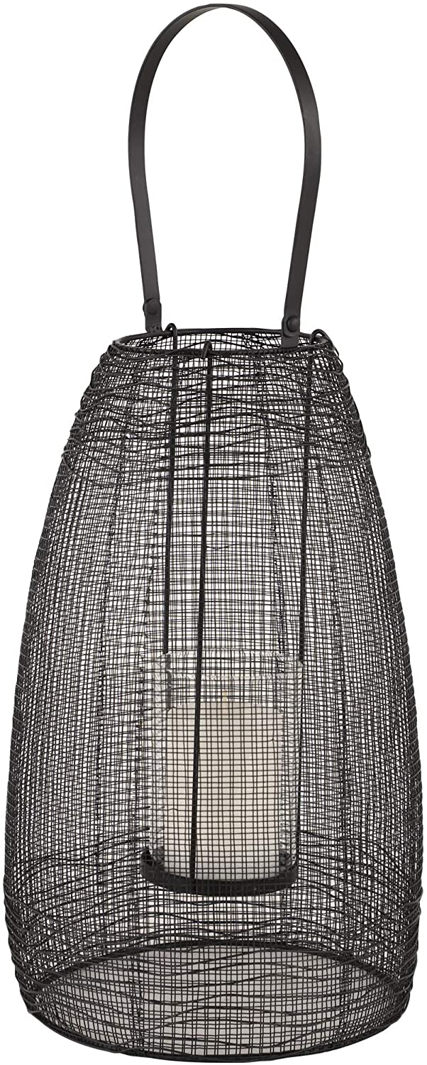 Large Round Black Mesh Metal Lantern Candle Holder Handle