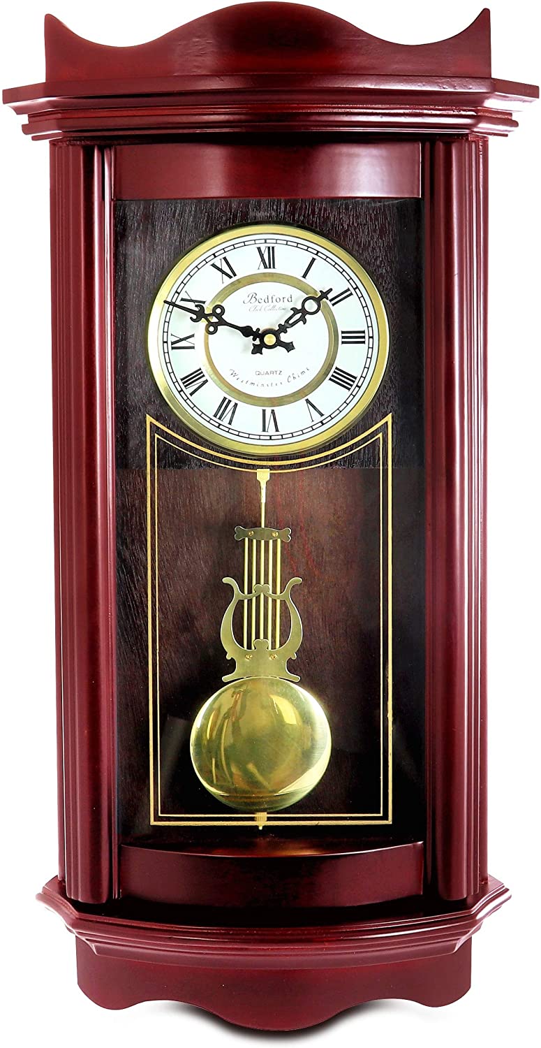 Decorative Wall Clock Pendulum Cherry Red Rectangular Wood