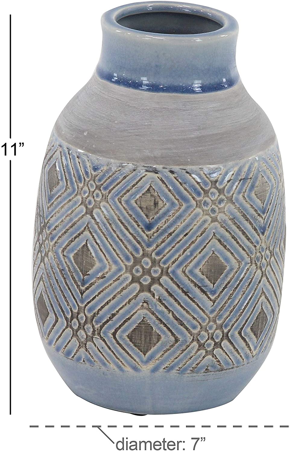 11 inch Traditional Ceramic Geometric Weave Vase Grey Bohemian Eclectic Stoneware - Diamond Home USA