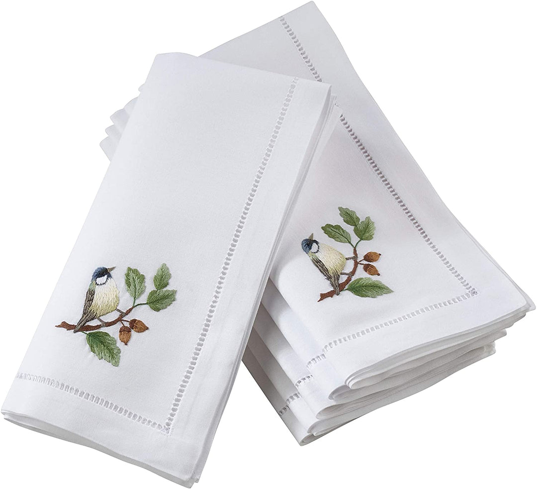 Hemstitch Border Bluebird Embroidery White Cotton Napkins