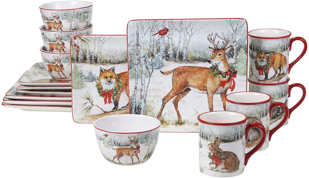 Winter Forest 16 Piece Dinnerware Set Service 4 Brown