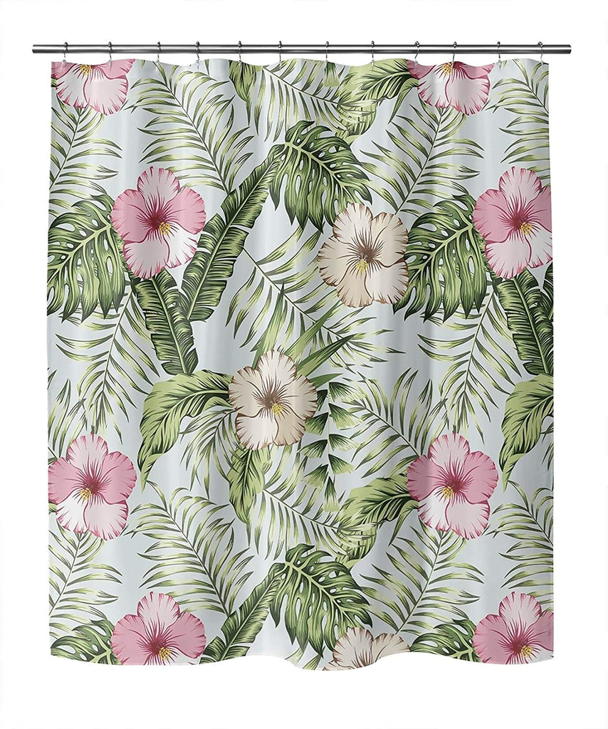 MISC Green Tropical Leaves Pink Hibiscus Shower Curtain by 71x74 Green Floral Tropical Polyester