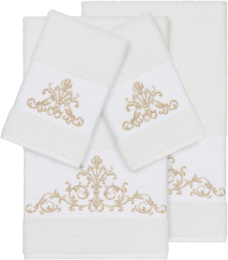 UKN White Turkish Cotton Scrollwork Embroidered 4 Piece Towel Set