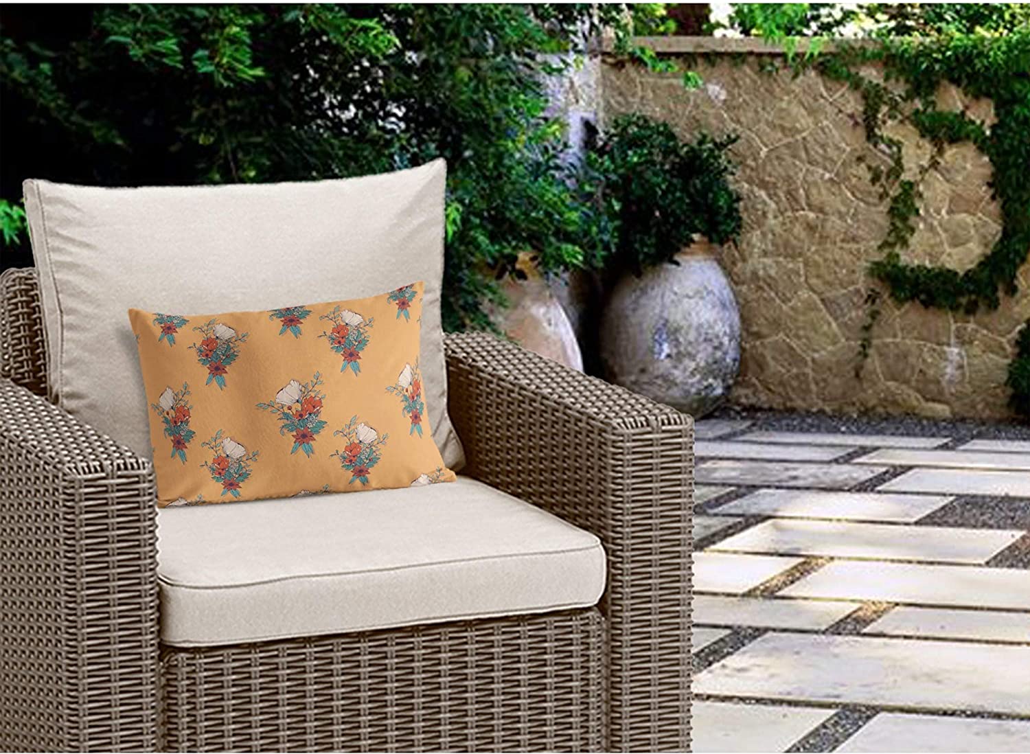 Indoor|Outdoor Lumbar Pillow 20x14 Orange Floral Modern Contemporary Polyester Removable Cover