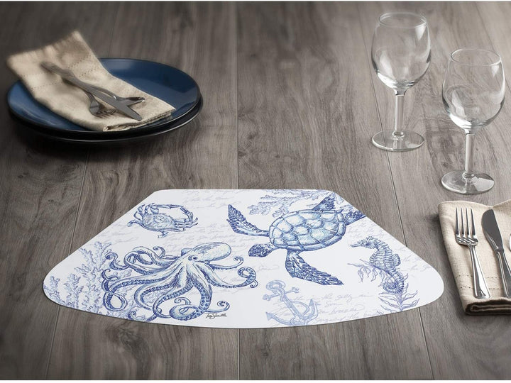 Wipe Clean Wedge Shaped Placemats Set 4 Coastal Sketch Color Oblong Plastic - Diamond Home USA