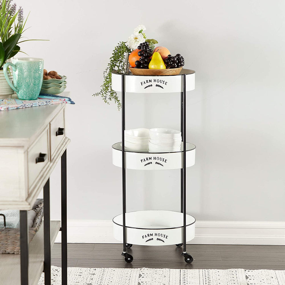 Round Black White 3 Tier Metal Cart Farmhouse Detail 17" X 35" 16 X 34round Iron - Diamond Home USA