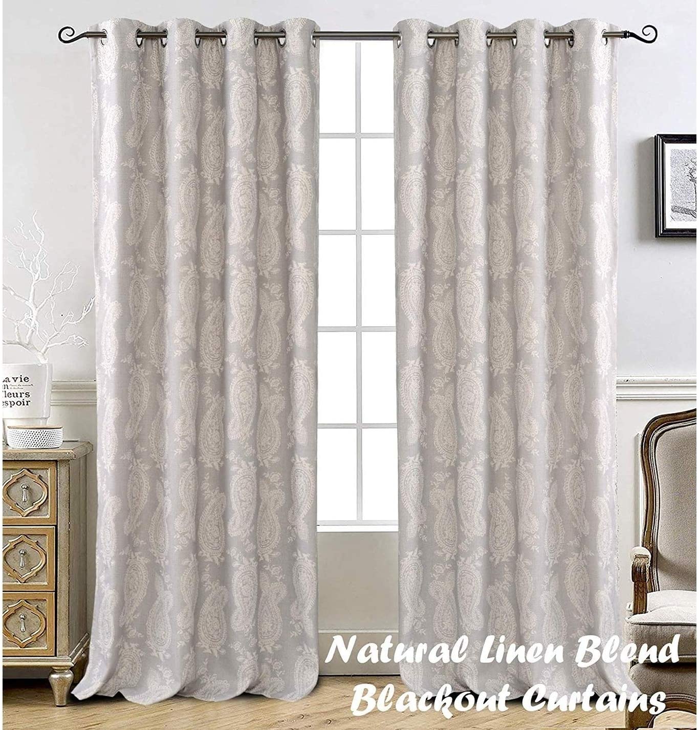 Curtain Linen Blend 2 Layers Curtains Paisley Block Panels 52" Width X 84" Length Grey Modern Contemporary Thermal