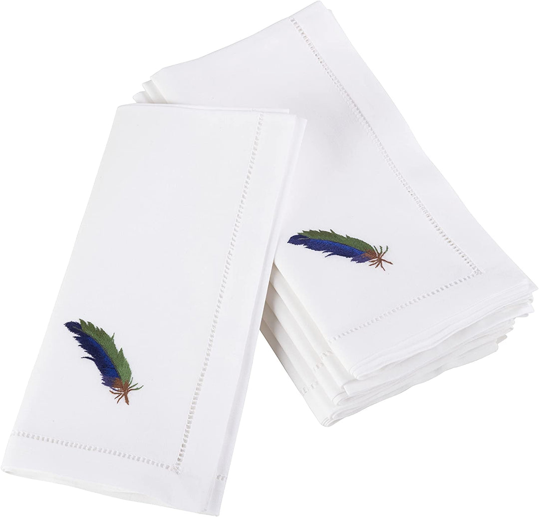 Embroidered Blue Feather Hemstitched Cotton Napkin (Set 6)