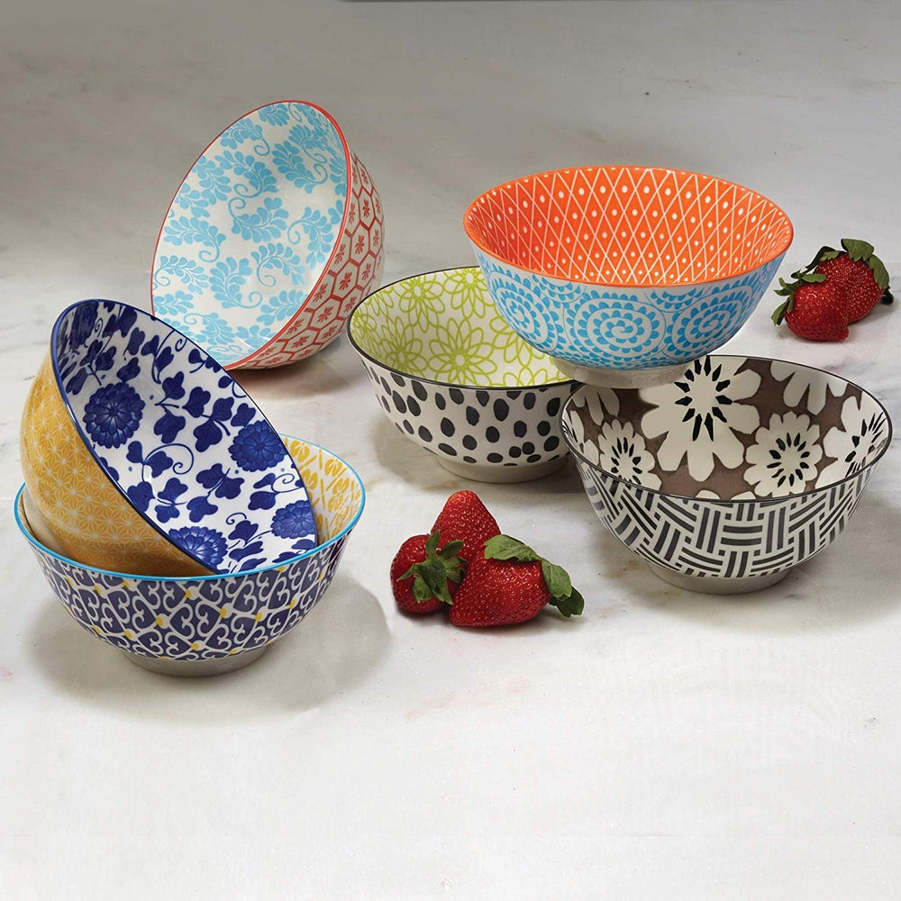 Set 6 Colorful Chelsea Bowls All Purpose Porcelain Small Serving Dishes Fun Colors Decorative Geometric Floral Patterns