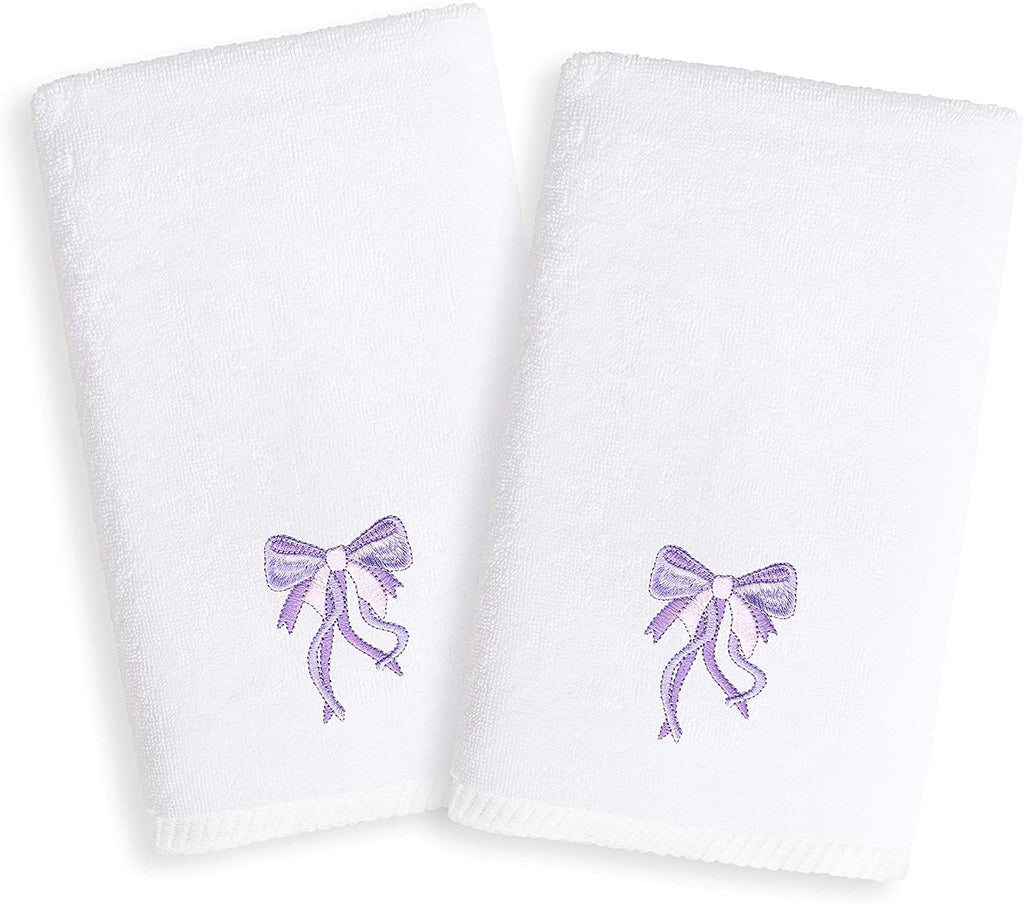 Sweet Kids Purple Bow Embroidered White Turkish Cotton Hand Towels (Set 2) Novelty
