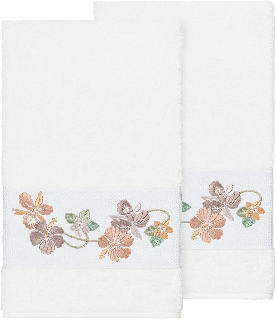 Turkish Cotton Floral Vine Embroidered White 2 Piece Bath Towel Set Terry Cloth