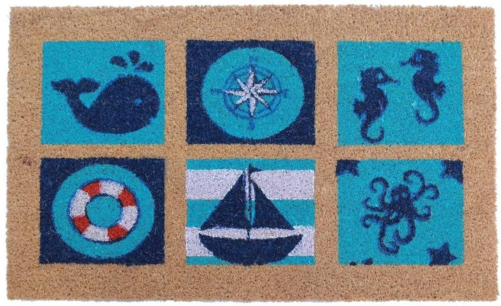 Outdoor Blue/Black Blue Beach Sealife Doormat Rectangle Coir