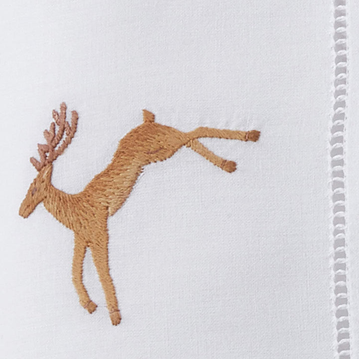 Brown Cotton Embroidered Reindeer Design Hemstitch Napkins White Solid Classic Modern Contemporary Novelty Square - Diamond Home USA