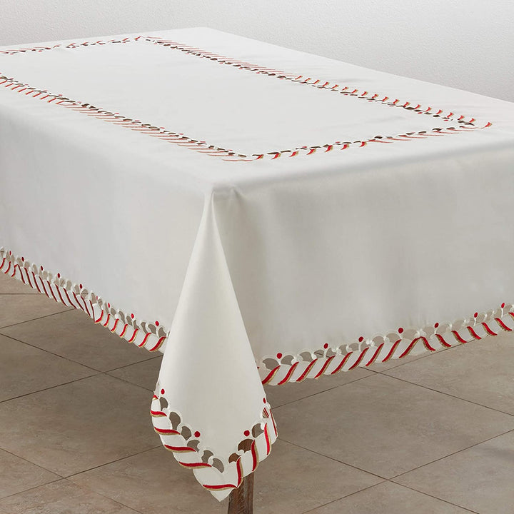 Candy Cane Border Trim Design Christmas Tablecloth Cream Solid Stripe Casual Modern Contemporary Novelty Rectangle Square Polyester - Diamond Home USA