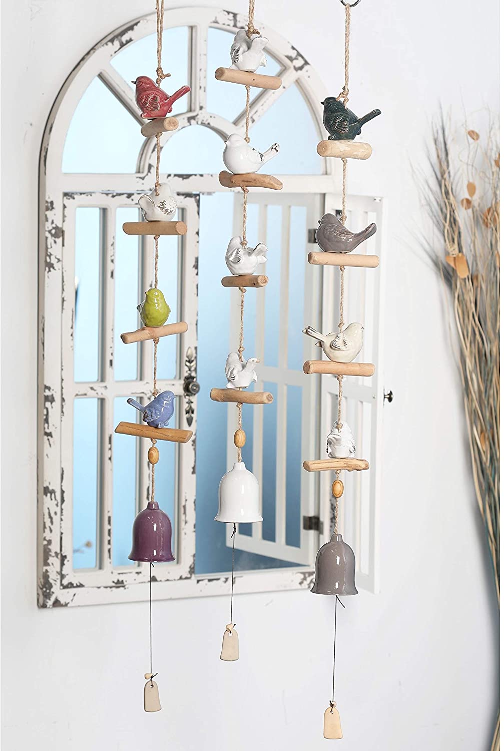 Set 3 Natural Ceramic Birds Bells Wind Chime White Bohemian Eclectic Stoneware