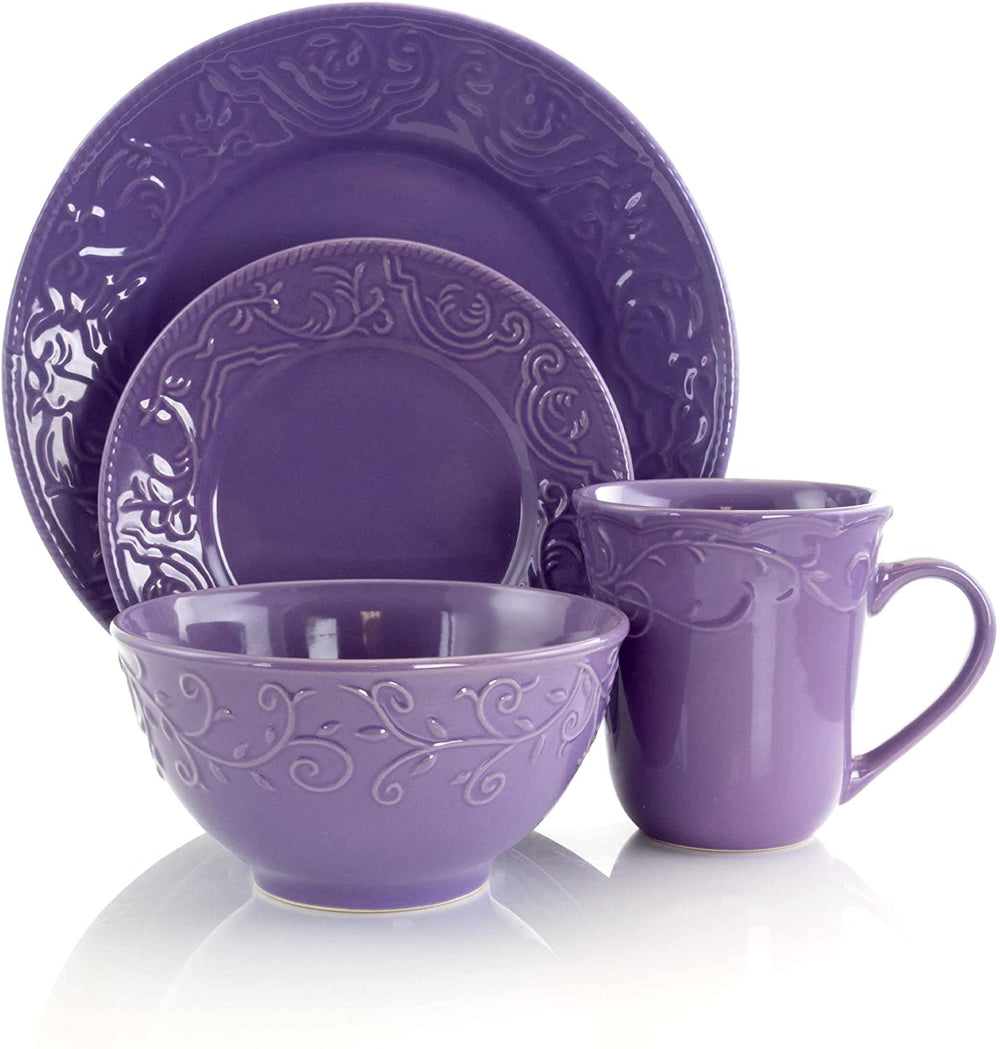 Lavender Field 16 Piece Dinnerware Set Purple Textured Casual Round Stoneware 16 Piece Microwave Safe - Diamond Home USA