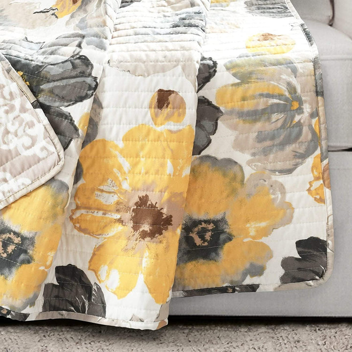 Throw Blanket Grey Yellow Damask Floral Farmhouse French Country Shabby Chic Microfiber - Diamond Home USA