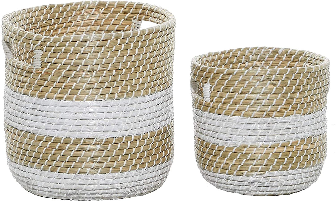 Woven Striped Round Seagrass Basket Lid Set 2 13" 17" 15 X 17round Color - Diamond Home USA