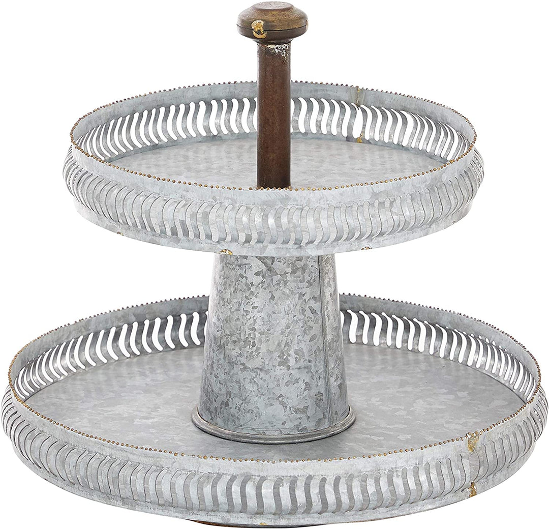 Round Silver Galvanized Metal 2 Tier Tray Stand 16" X 15" 16 X 15round Farmhouse Iron - Diamond Home USA