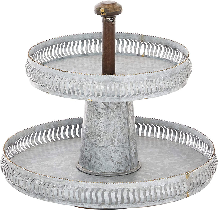 Round Silver Galvanized Metal 2 Tier Tray Stand 16" X 15" 16 X 15round Farmhouse Iron - Diamond Home USA