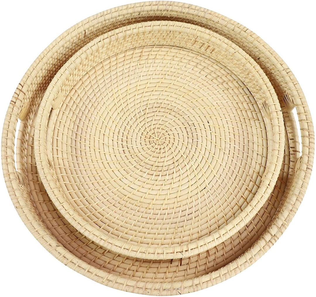 Handwoven Natural Bamboo Large Round Trays Set 2 20 X 3round Brown Rattan - Diamond Home USA