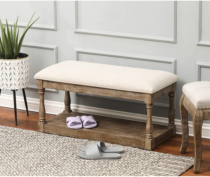 Upholstered Beige Linen Entryway Bedroom Bench Solid Modern Contemporary Weathered Storage - Diamond Home USA