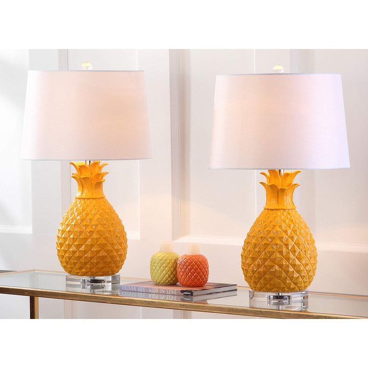 Yellow Pineapple Table Lamp Set Tropic Palm Leaf Light Modern White Decor Beach Summer Desk Bedroom Office Lighting Polyresin