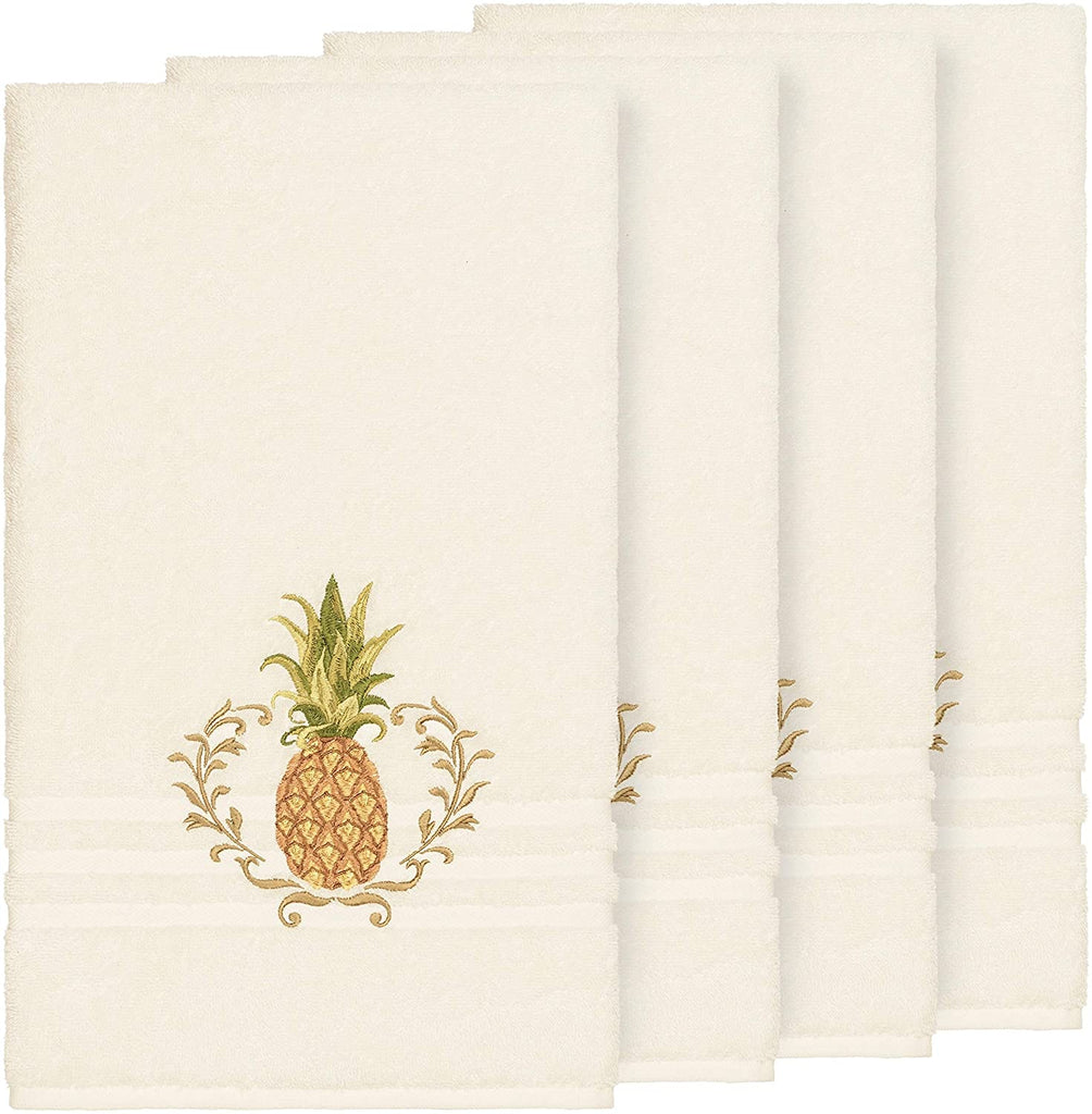 Turkish Cotton Pineapple Embroidered Cream 4 Piece Bath Towel Set Cream Cloth