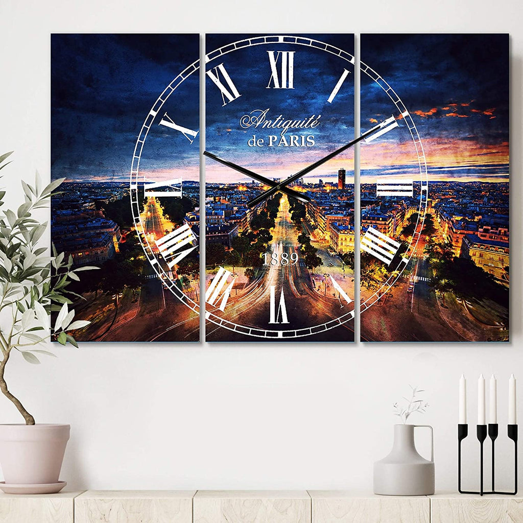 UKN Night Paris Amazing View' Cottage 3 Panels Large Wall Clock 36 Wide X 28 High Panels Blue Farmhouse French Country Rectangular Steel Finish