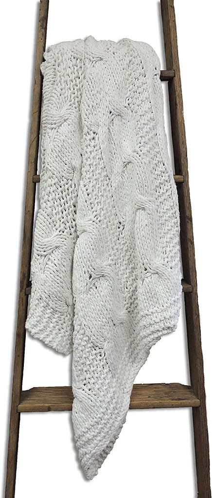 White Knitted Throw Blanket Solid Color Modern Contemporary Victorian Cotton
